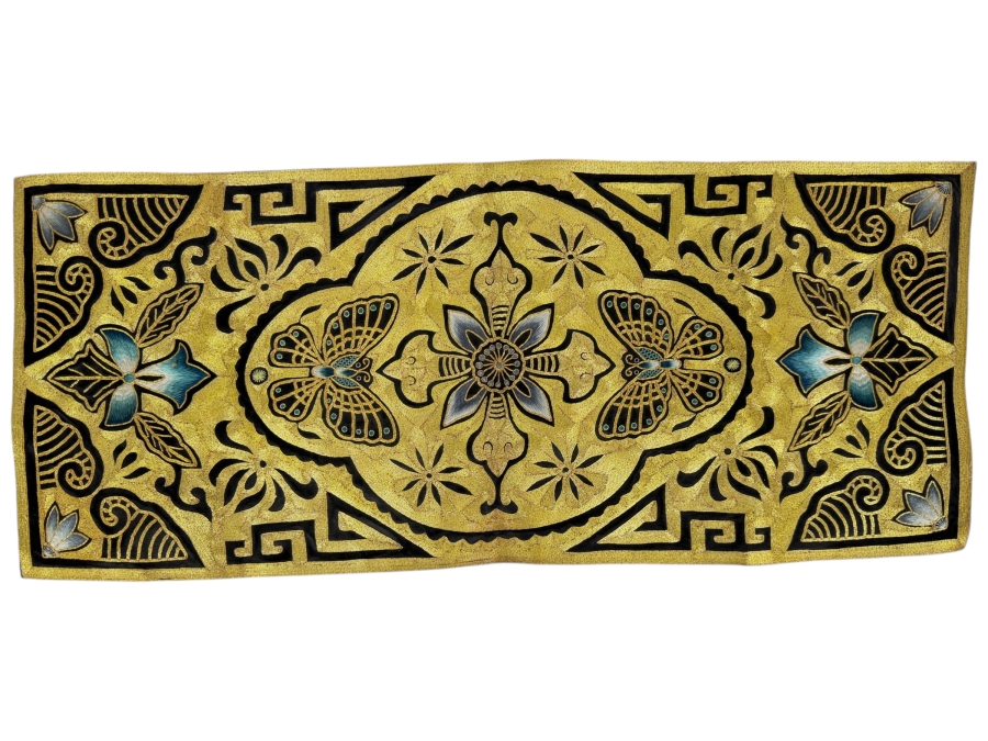 Vintage Chinese Golden Silk Silk Embroidery Panel With Butterflies And Greek Key Border 23' X 10'