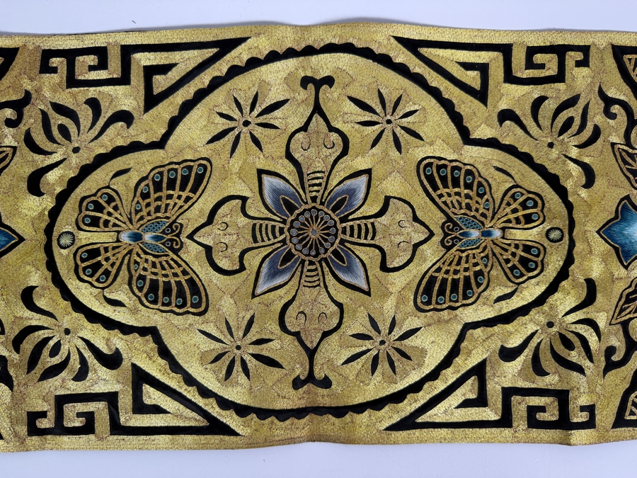 Vintage Chinese Golden Silk Silk Embroidery Panel With Butterflies And Greek Key Border 23' X 10' [Photo 2]