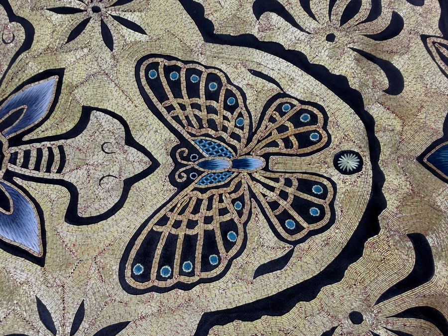 Vintage Chinese Golden Silk Silk Embroidery Panel With Butterflies And Greek Key Border 23' X 10' [Photo 3]