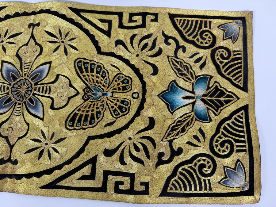 Vintage Chinese Golden Silk Silk Embroidery Panel With Butterflies And Greek Key Border 23' X 10' [Photo 4]