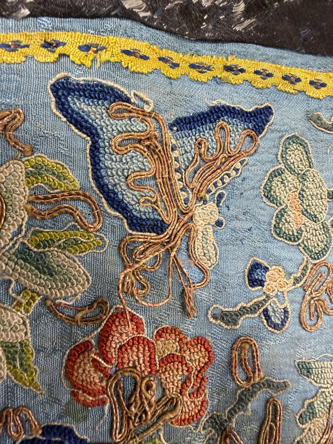 Antique Chinese Qing Dynasty Blue Silk Hand Embroidered Robe Sleeve Panel Featuring Forbidden Stitch Peonies And Foo Lions 10' X 22' [Photo 4]