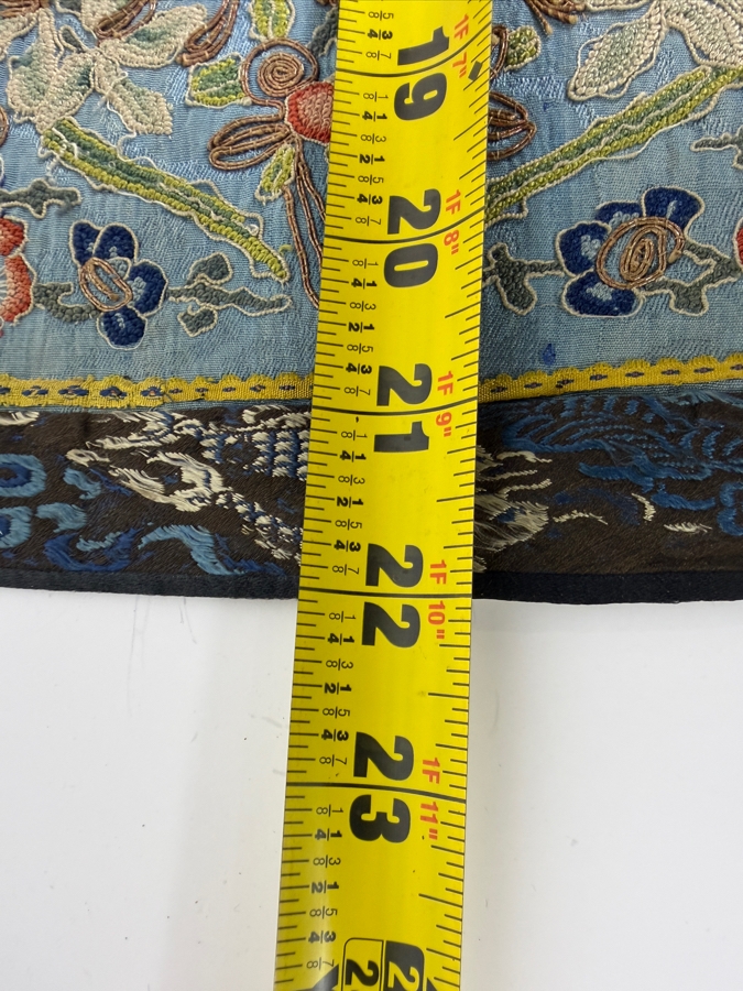 Antique Chinese Qing Dynasty Blue Silk Hand Embroidered Robe Sleeve Panel Featuring Forbidden Stitch Peonies And Foo Lions 10' X 22' [Photo 8]