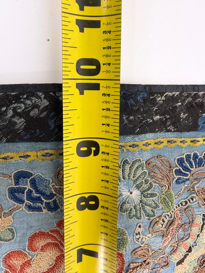 Antique Chinese Qing Dynasty Blue Silk Hand Embroidered Robe Sleeve Panel Featuring Forbidden Stitch Peonies And Foo Lions 10' X 22' [Photo 7]