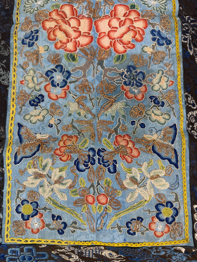 Antique Chinese Qing Dynasty Blue Silk Hand Embroidered Robe Sleeve Panel Featuring Forbidden Stitch Peonies And Foo Lions 10' X 22' [Photo 2]