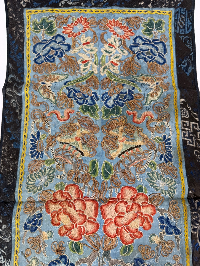 Antique Chinese Qing Dynasty Blue Silk Hand Embroidered Robe Sleeve Panel Featuring Forbidden Stitch Peonies And Foo Lions 10' X 22' [Photo 3]