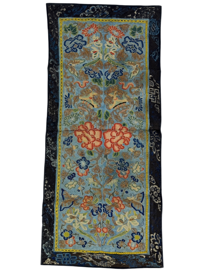Antique Chinese Qing Dynasty Blue Silk Hand Embroidered Robe Sleeve Panel Featuring Forbidden Stitch Peonies And Foo Lions 10' X 22'