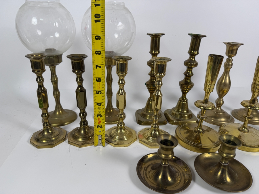 Collection Of Fourteen Vintage Cast Brass Candlesticks In Various Traditional Formats Including Hurricane Lamps [Photo 8]