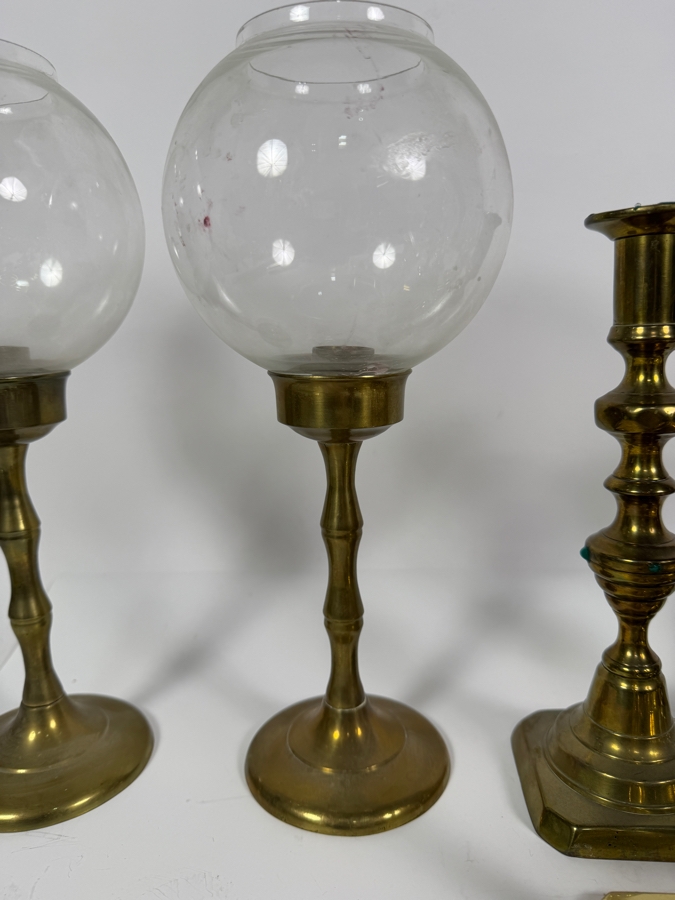 Collection Of Fourteen Vintage Cast Brass Candlesticks In Various Traditional Formats Including Hurricane Lamps [Photo 6]