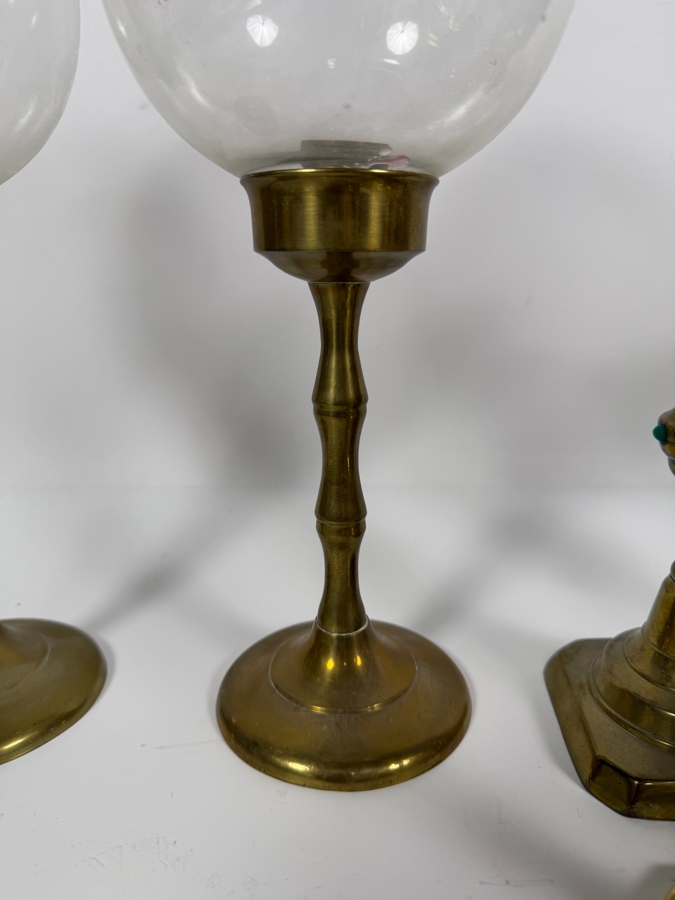 Collection Of Fourteen Vintage Cast Brass Candlesticks In Various Traditional Formats Including Hurricane Lamps [Photo 7]