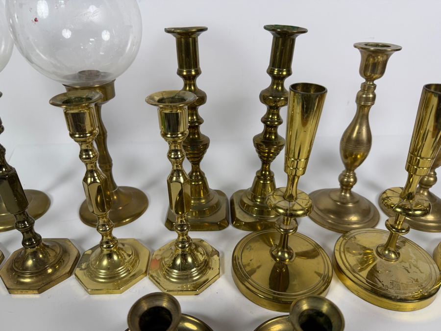 Collection Of Fourteen Vintage Cast Brass Candlesticks In Various Traditional Formats Including Hurricane Lamps [Photo 2]
