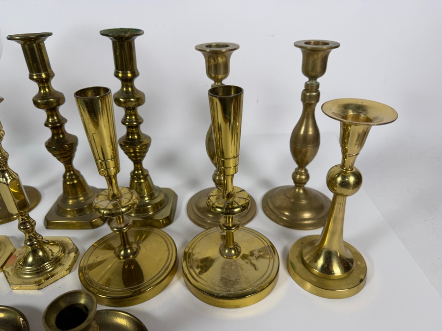 Collection Of Fourteen Vintage Cast Brass Candlesticks In Various Traditional Formats Including Hurricane Lamps [Photo 3]