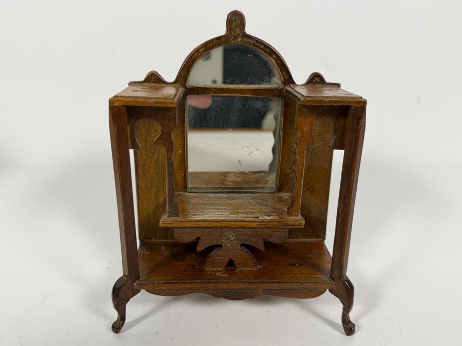 Vintage Shackman Japan Dollhouse Miniature Wooden Vanity Dressing Table Cabinet With Mirror And Six Assorted Knick Knacks [Photo 3]