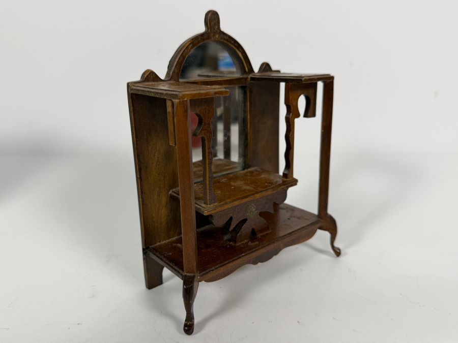 Vintage Shackman Japan Dollhouse Miniature Wooden Vanity Dressing Table Cabinet With Mirror And Six Assorted Knick Knacks [Photo 4]