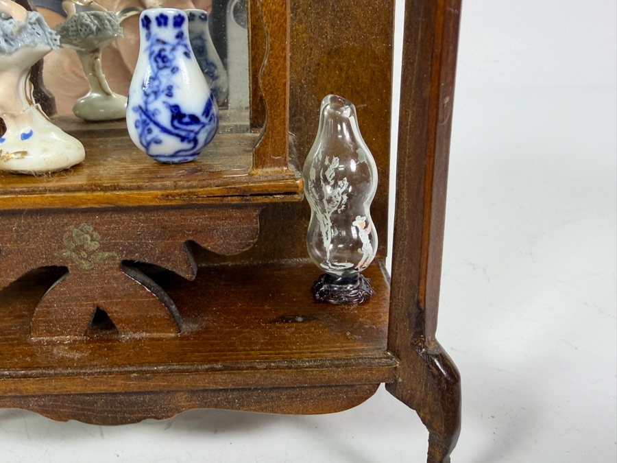 Vintage Shackman Japan Dollhouse Miniature Wooden Vanity Dressing Table Cabinet With Mirror And Six Assorted Knick Knacks [Photo 9]
