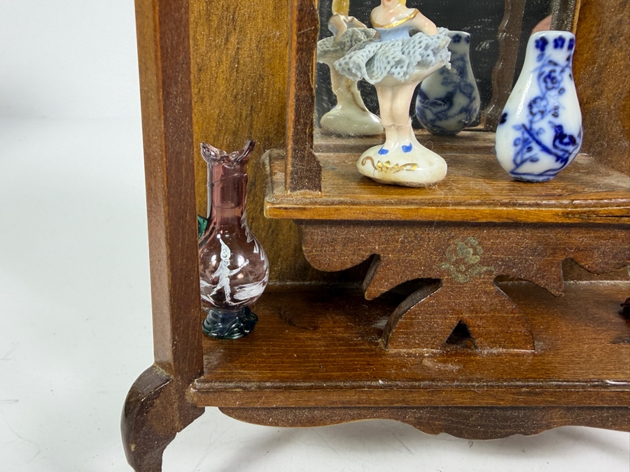Vintage Shackman Japan Dollhouse Miniature Wooden Vanity Dressing Table Cabinet With Mirror And Six Assorted Knick Knacks [Photo 8]