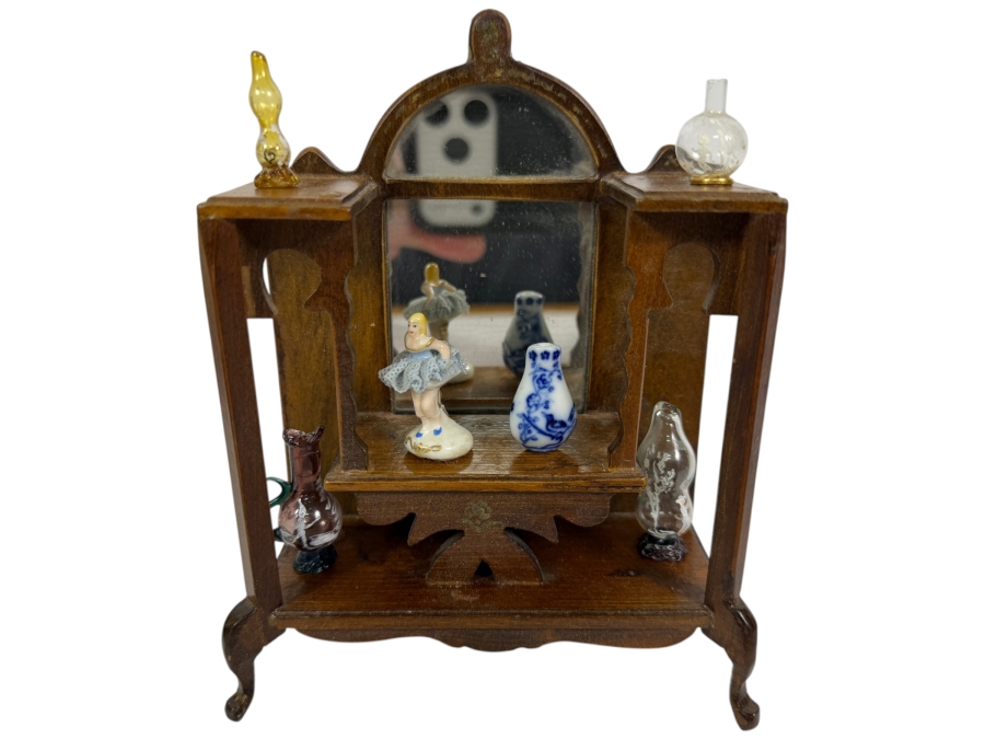 Vintage Shackman Japan Dollhouse Miniature Wooden Vanity Dressing Table Cabinet With Mirror And Six Assorted Knick Knacks