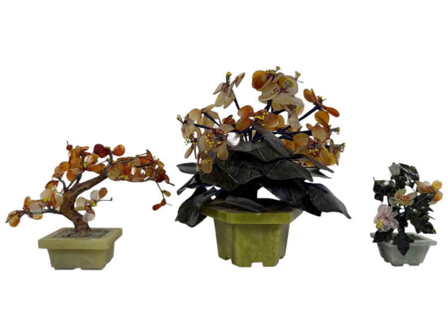 Three Vintage Chinese Carved Jade And Hardstone Bonsai Trees In Celadon Planters 5'H - 8'H