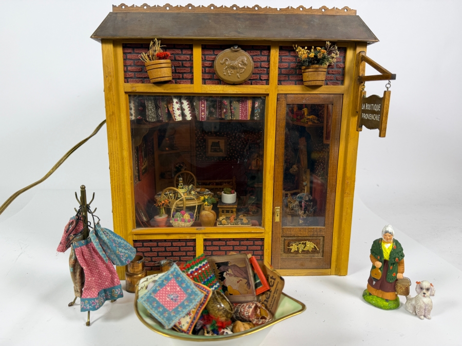 Vintage French Themed Diorama Room Box Shop Entitled La Boutique Provencale With Miniature Accessories And Figurines 11'W X 10.5'D X 13'H - See Photos [Photo 2]
