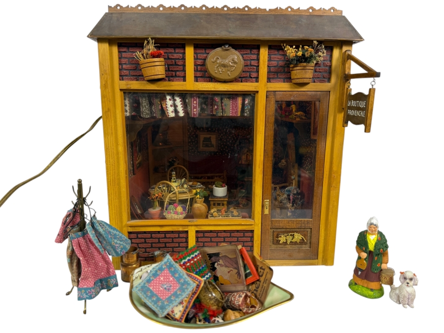 Vintage French Themed Diorama Room Box Shop Entitled La Boutique Provencale With Miniature Accessories And Figurines 11'W X 10.5'D X 13'H - See Photos