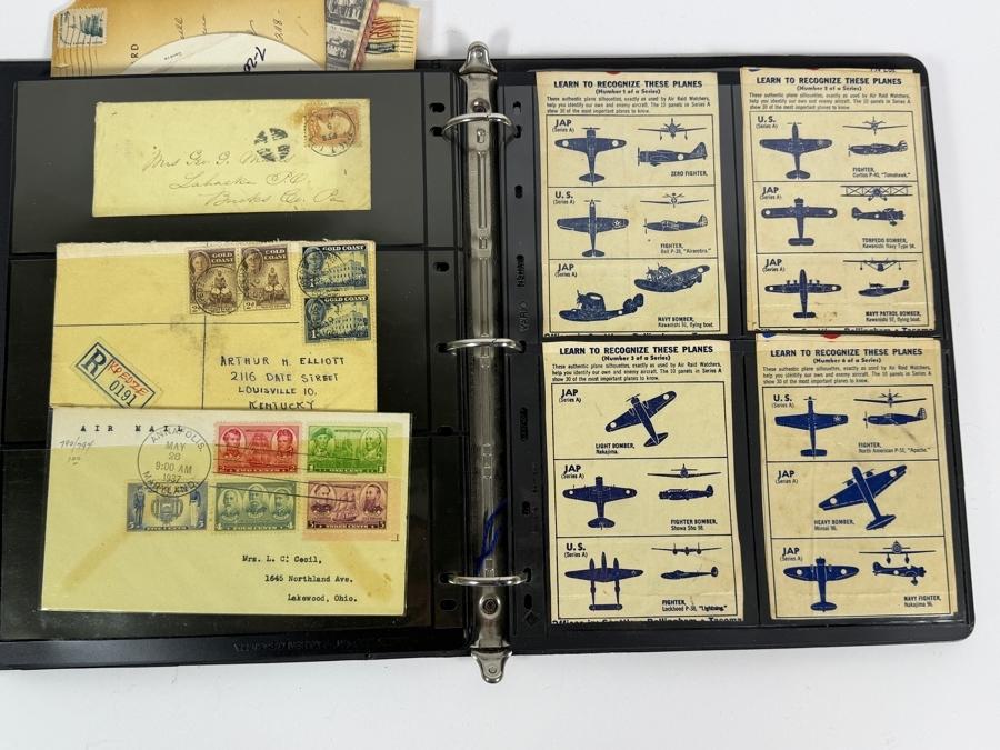Collectible Binder Featuring Mint Postage Stamps, WWII German Stamps, Postcards, War Ration Books, WWII-era Aircraft Identification Cards, Perforated Initials (Perfin) Stamps and More - See Photos [Photo 2]