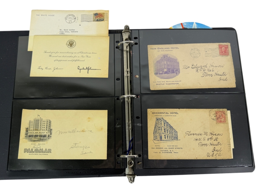 Collectible Binder Featuring Mint Postage Stamps, WWII German Stamps, Postcards, War Ration Books, WWII-era Aircraft Identification Cards, Perforated Initials (Perfin) Stamps and More - See Photos