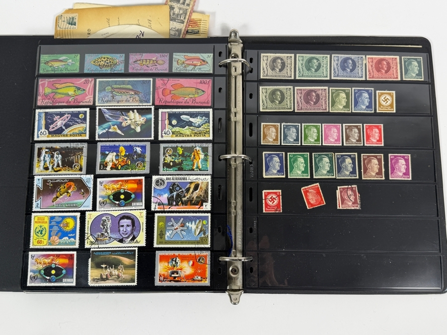 Collectible Binder Featuring Mint Postage Stamps, WWII German Stamps, Postcards, War Ration Books, WWII-era Aircraft Identification Cards, Perforated Initials (Perfin) Stamps and More - See Photos [Photo 3]