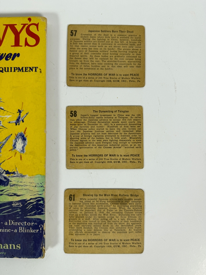 (3) 1938 'Horrors of War' Gum, Inc. Trading Cards and Vintage 1941 Our Navy's Striking Power Hardcover Book: Close-Ups of Its Latest Equipment by Leonard G. Winans and Illustrated by Robert Sherry [Photo 5]