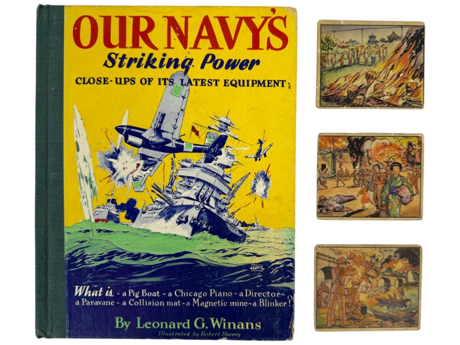 (3) 1938 'Horrors of War' Gum, Inc. Trading Cards and Vintage 1941 Our Navy's Striking Power Hardcover Book: Close-Ups of Its Latest Equipment by Leonard G. Winans and Illustrated by Robert Sherry