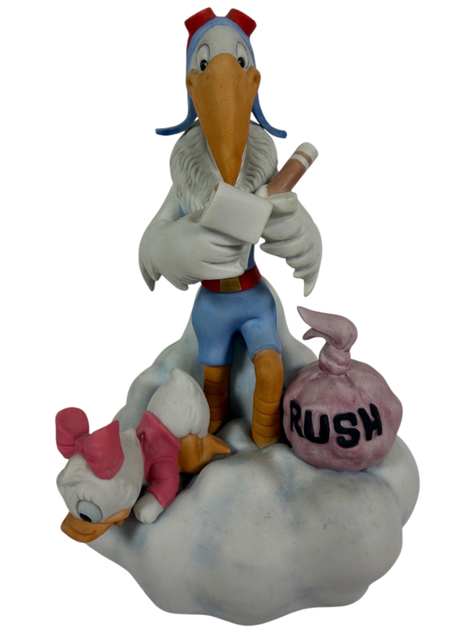 Vintage 1984 Goebel New Arrival Disney Music Box Featuring Baby Daisy Duck and a Stork 7'H