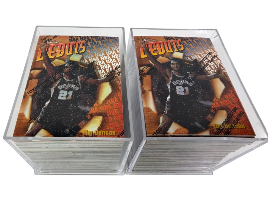 Collection of 1997 Topps Finest Refractor Basketball Rookie Cards with Protective Peel Including Tim Duncan, Tracy McGrady, Chauncey Billups Rookie Cards and More