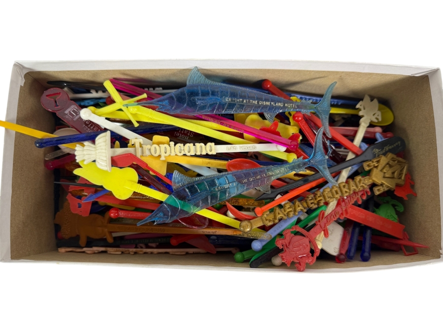 Collection of Vintage MCM Barware Plastic Swizzle Sticks from Vegas Casinos, the Disneyland Hotel, Airlines, Trader Vic's and More