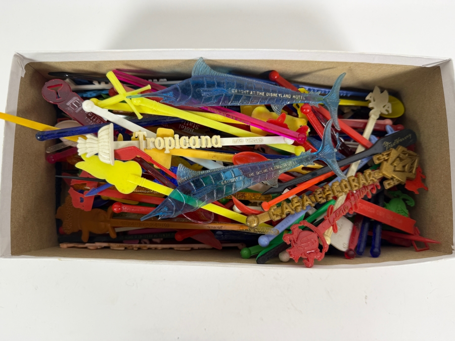 Collection of Vintage MCM Barware Plastic Swizzle Sticks from Vegas Casinos, the Disneyland Hotel, Airlines, Trader Vic's and More [Photo 2]