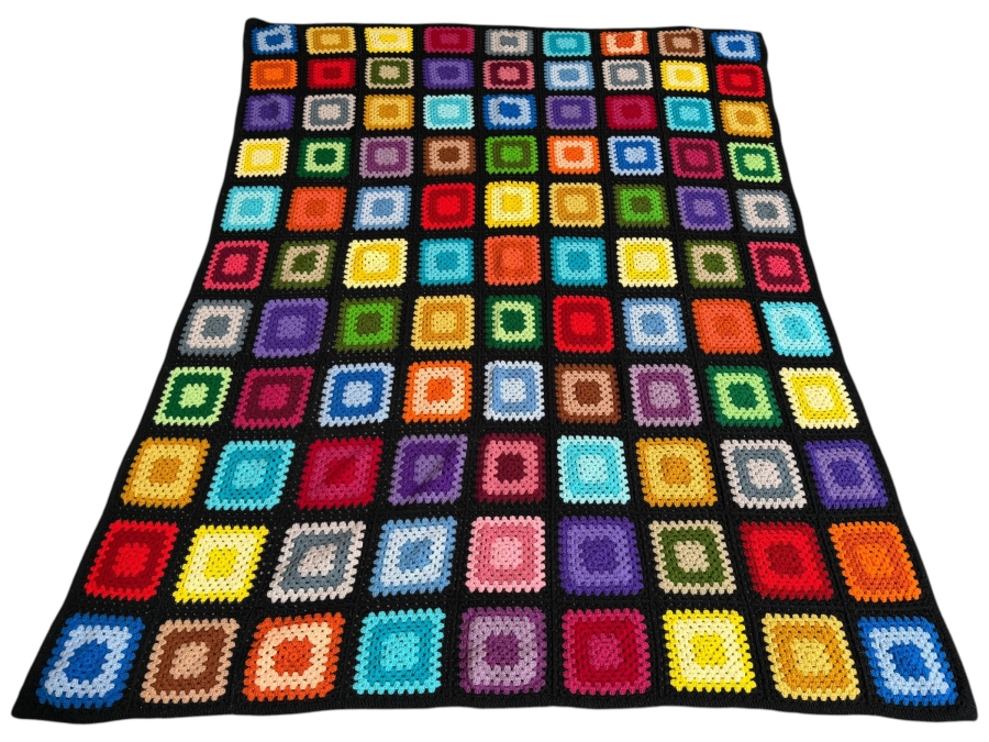 Vintage Handcrafted Multi Color Granny Square Crochet Afghan Blanket With Black Border 63' X 85'