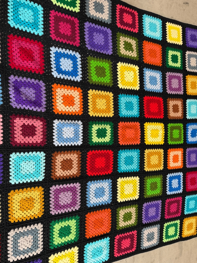 Vintage Handcrafted Multi Color Granny Square Crochet Afghan Blanket With Black Border 63' X 85' [Photo 2]