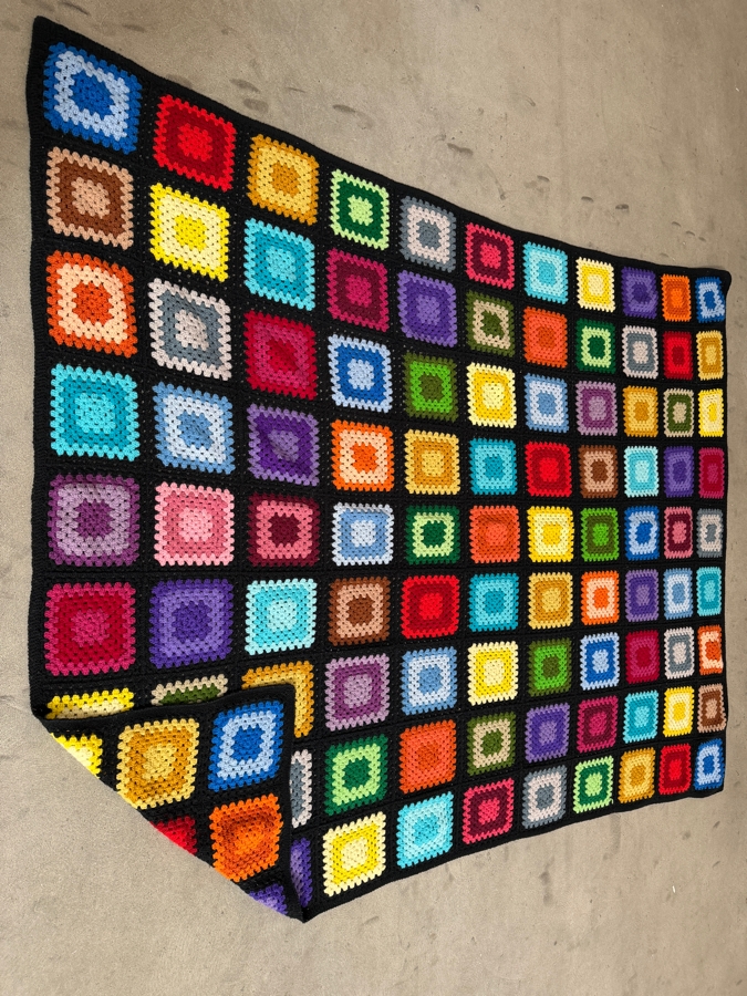 Vintage Handcrafted Multi Color Granny Square Crochet Afghan Blanket With Black Border 63' X 85' [Photo 3]