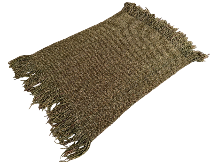 Kennebunk Weavers Olive Green Chunky Knit Wool Throw Blanket With Thick Fringed Borders 71x42