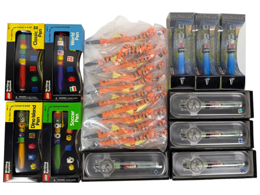 New Old Stock Lot of LEGO Writing System Pens, LEGO Bionicle Pens, Elvis Presley Limited Edition Pod Pens and Disney Winnie the Pooh Tigger Bic Pens