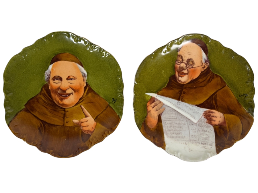 Pair Of Antique Limoges Coronet France Hand Painted Porcelain Monk Friar Cabinet Plates Signed Le Pic And Bay 9.5'W