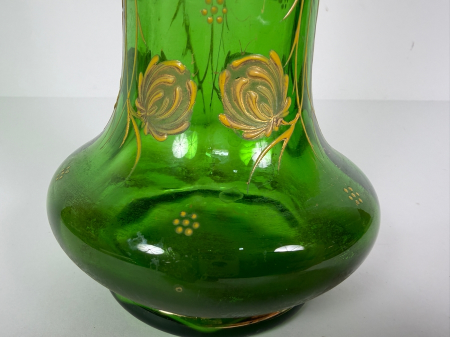 Antique Art Nouveau Emerald Green Glass Trumpet Vase Hand Painted With Gold Gilt Floral Iris Accent Motifs 13.5'H [Photo 2]