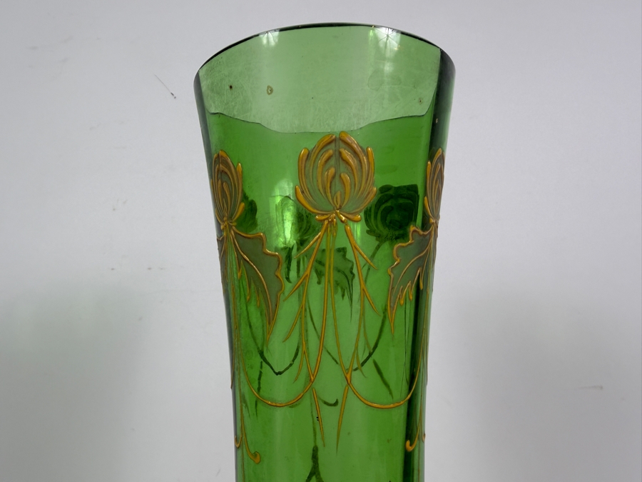 Antique Art Nouveau Emerald Green Glass Trumpet Vase Hand Painted With Gold Gilt Floral Iris Accent Motifs 13.5'H [Photo 3]