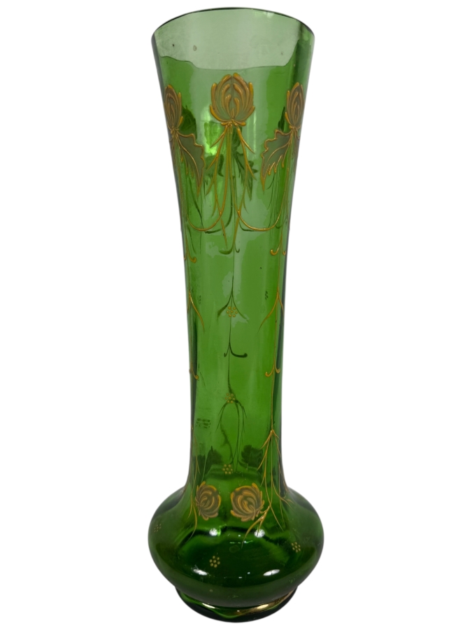 Antique Art Nouveau Emerald Green Glass Trumpet Vase Hand Painted With Gold Gilt Floral Iris Accent Motifs 13.5'H