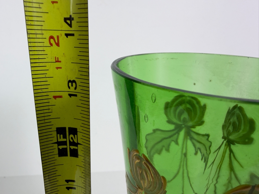 Antique Art Nouveau Emerald Green Glass Trumpet Vase Hand Painted With Gold Gilt Floral Iris Accent Motifs 13.5'H [Photo 5]