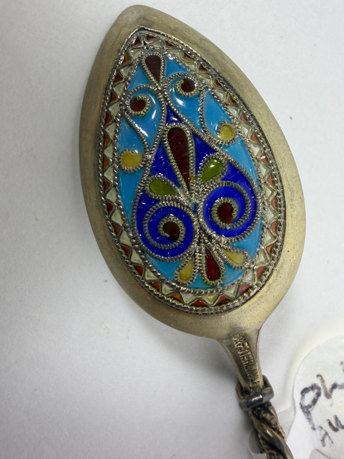 Antique Danish Bjerring And Fjelstrup Sterling Silver Gilt Plique A Jour Enamel Demitasse Tea Caddy Spoon 7.1g [Photo 3]