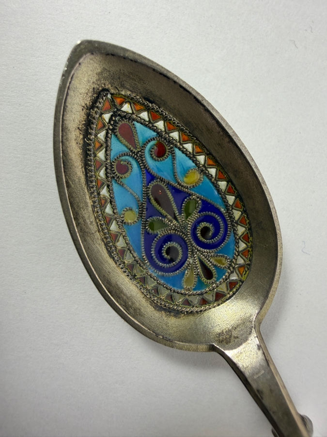 Antique Danish Bjerring And Fjelstrup Sterling Silver Gilt Plique A Jour Enamel Demitasse Tea Caddy Spoon 7.1g [Photo 2]