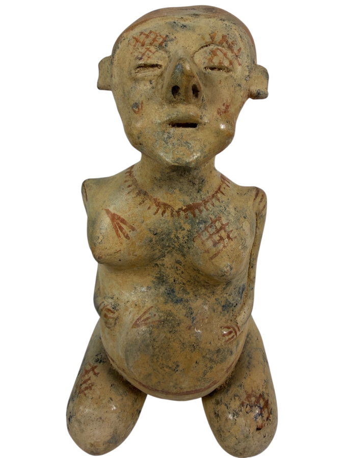Antique Pre Columbian Jalisco Ameca Style Seated Pregnant Female Terracotta Figurine With Body Paint Ornamentation And Open Crown Aperture 9'H