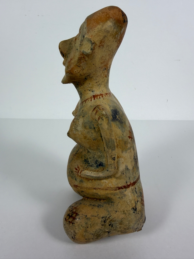 Antique Pre Columbian Jalisco Ameca Style Seated Pregnant Female Terracotta Figurine With Body Paint Ornamentation And Open Crown Aperture 9'H [Photo 10]