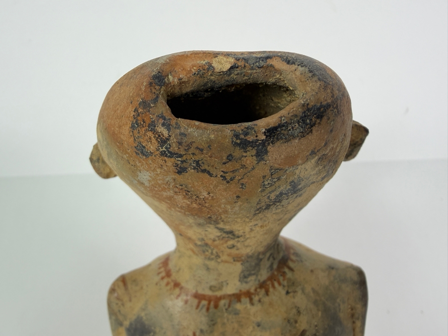 Antique Pre Columbian Jalisco Ameca Style Seated Pregnant Female Terracotta Figurine With Body Paint Ornamentation And Open Crown Aperture 9'H [Photo 6]