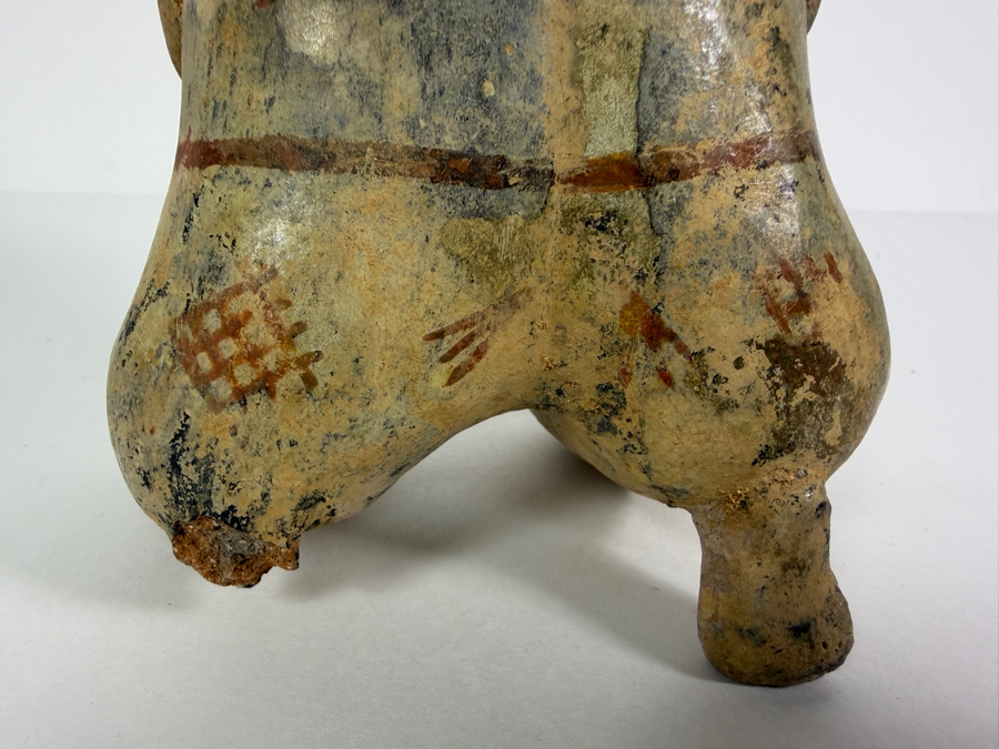 Antique Pre Columbian Jalisco Ameca Style Seated Pregnant Female Terracotta Figurine With Body Paint Ornamentation And Open Crown Aperture 9'H [Photo 7]