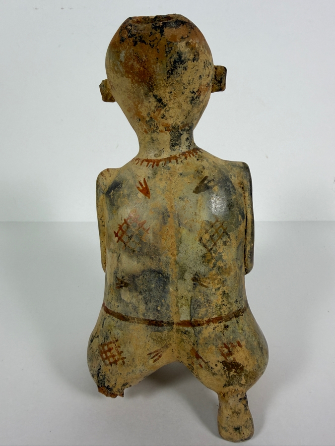 Antique Pre Columbian Jalisco Ameca Style Seated Pregnant Female Terracotta Figurine With Body Paint Ornamentation And Open Crown Aperture 9'H [Photo 5]