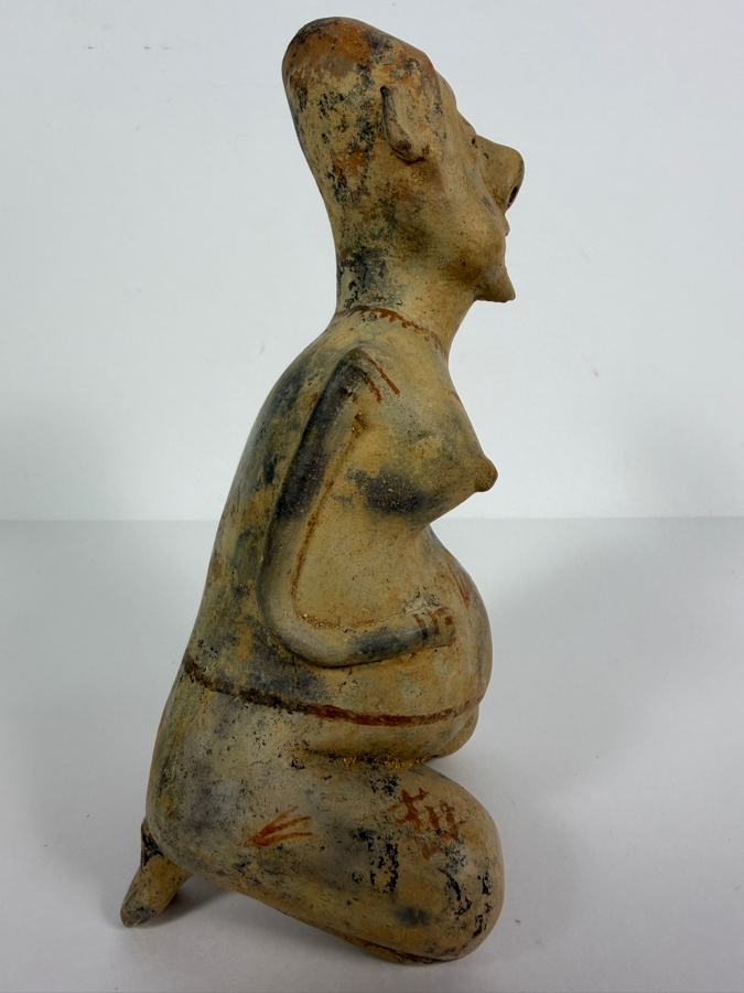 Antique Pre Columbian Jalisco Ameca Style Seated Pregnant Female Terracotta Figurine With Body Paint Ornamentation And Open Crown Aperture 9'H [Photo 4]
